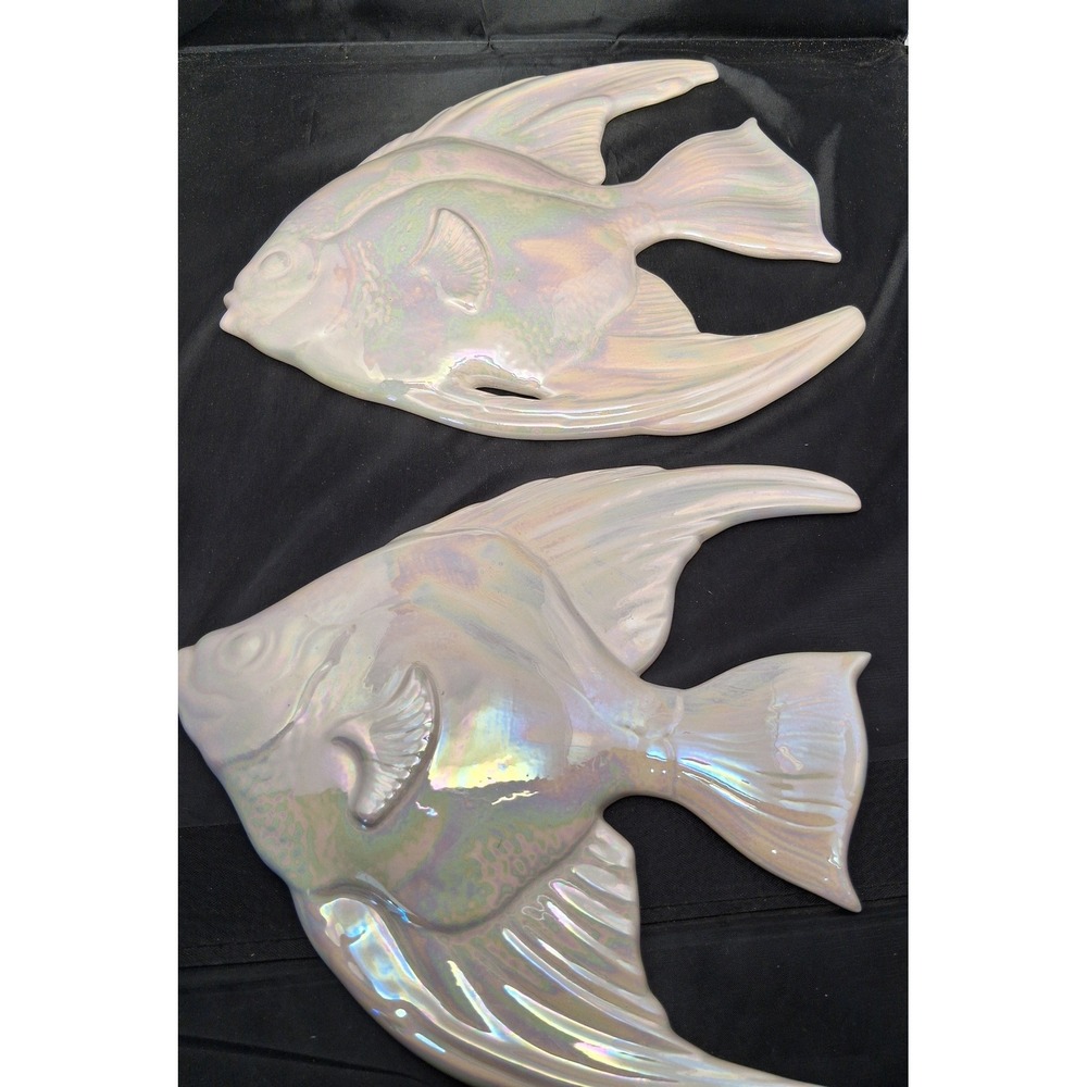 Vintage Iridescent Ceramic Angelfish Wall Art Set 2 Pearlescent Nautical Decor